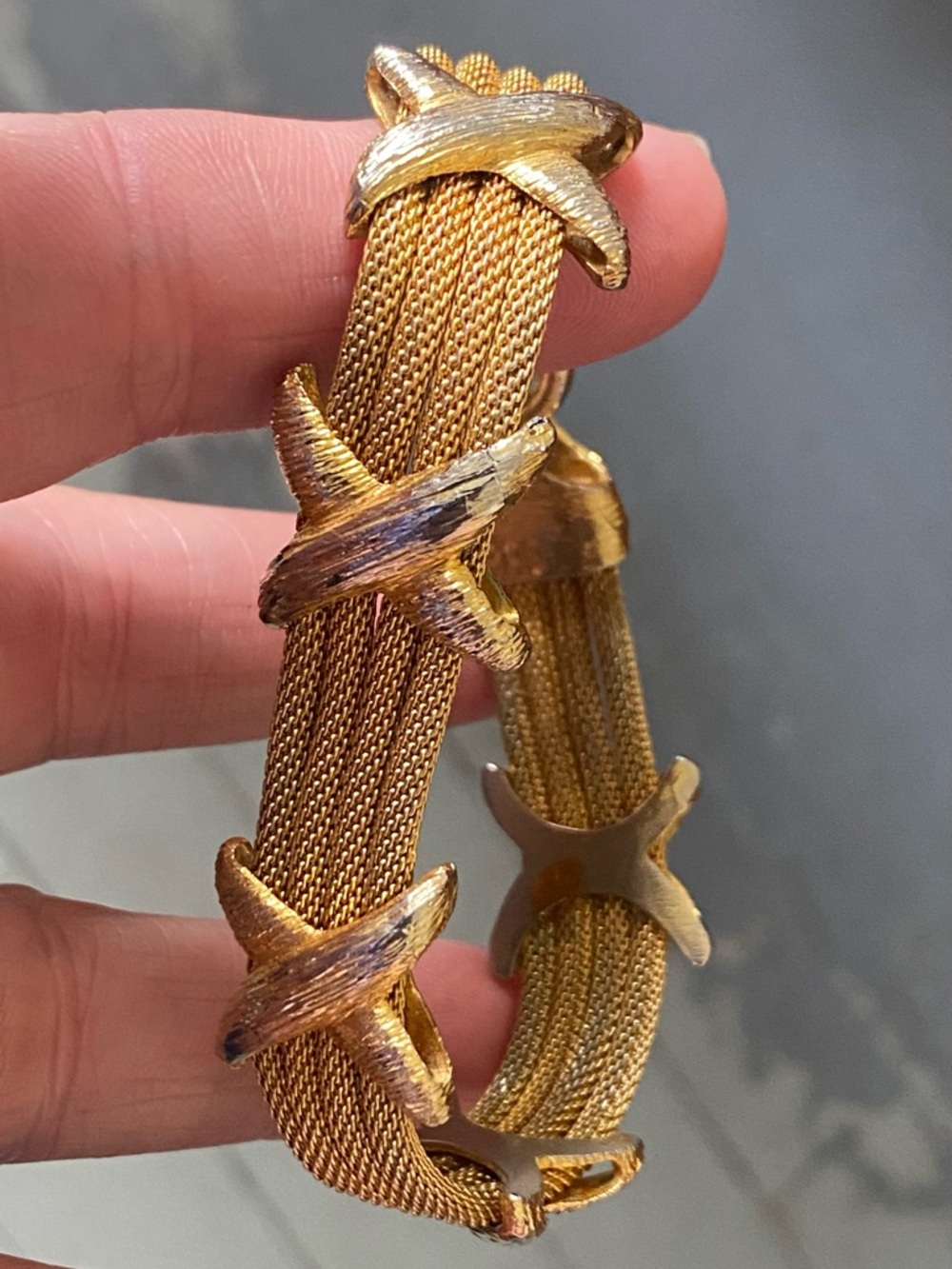 Vintage Ron Rizzo gold tone mesh with X segments bracelet